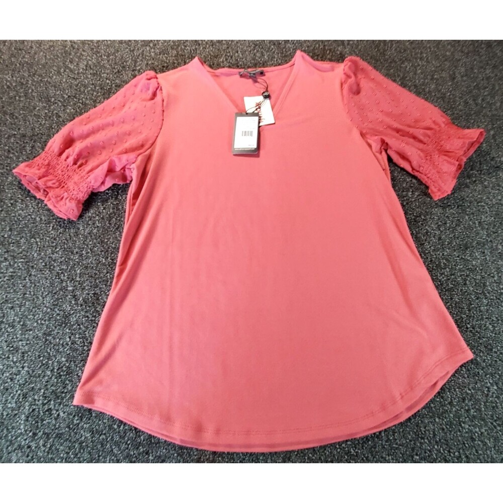 Adrianna Papell Top Womens M Pink Sheer Puffed Swiss Dot Sleeves Dot NWT Stretch
